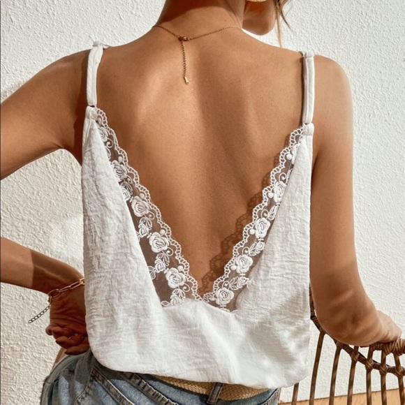 Boho Embroidery Lace Sheer Mesh Backless Cami Tank Top Black - Picture 4 of 10